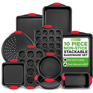 image:imageNutriChef 10Piece Nonstick Kitchen Oven Baking Pans  Premium amp Stylish NonStick Carbon Steel  Commercial Grade Restaurant Quality Metal Bakeware with Silicone Handles  Easy to Clean NCSBS10S10Piece Set