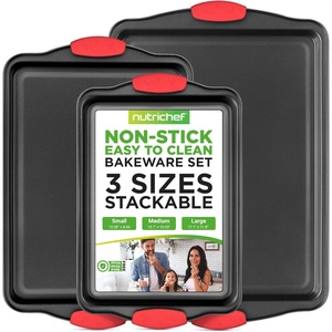 image:imageNutriChef 10Piece Nonstick Kitchen Oven Baking Pans  Premium amp Stylish NonStick Carbon Steel  Commercial Grade Restaurant Quality Metal Bakeware with Silicone Handles  Easy to Clean NCSBS10S3Piece Set