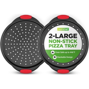 image:imageNutriChef 13Inch Nonstick Pizza Tray  Round Carbon Steel NonStick Pizza Pan with Perforated Holes Premium Bakeware Pizza Screen with Silicone Grip Handles Dishwasher Safe  NCBPIZ12 Pack