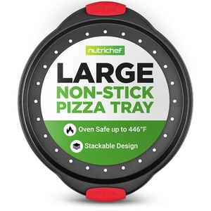 image:imageNutriChef 13Inch Nonstick Pizza Tray  Round Carbon Steel NonStick Pizza Pan with Perforated Holes Premium Bakeware Pizza Screen with Silicone Grip Handles Dishwasher Safe  NCBPIZ11 Pack