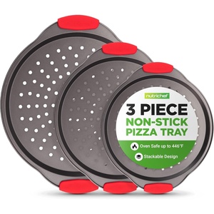 image:imageNutriChef 13Inch Nonstick Pizza Tray  Round Carbon Steel NonStick Pizza Pan with Perforated Holes Premium Bakeware Pizza Screen with Silicone Grip Handles Dishwasher Safe  NCBPIZ13 Pack