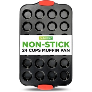 image:imageNutriChef 24Cup Nonstick Mini Muffin Pan  Heavy Duty Carbon Steel Bakeware Tray with Red Silicone Handles  Bake Mini Cupcakes Muffins amp Savory Treats  16 x 10 Black