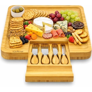 image:imageBamboo Cheese Cutting Board Set  Flat Wood Serving Platter for Picnic Food or Wine Rectangle Fruit and Meat Plate Kit wBowl Closing Drawer Tray 4 Stainless Steel Knives  NutriChef PKCZBD10