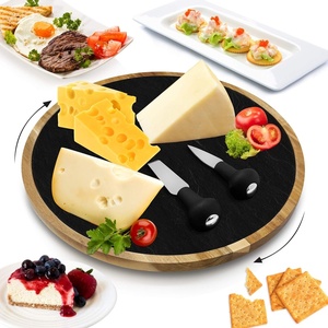 image:imageNutriChef JP Cons Catalog Master Rotating Lazy Susan Cheese Board12 Inch Diameter Acacia Wood Platter Turntable Serving Set wSlate Stone PlateStainlessSteel Cutting KnivesFor Picnic PKCZBD40