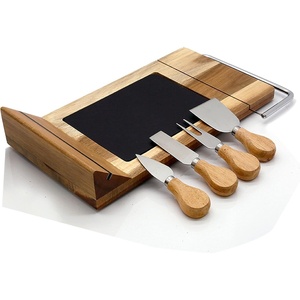 image:imageNutriChef Slicing Bamboo Cheese Board Platter  4 Stainless Steel Knives and Magnet Holder  Modern Wood Snack Serving Tray w Stone Slate Slab  Slicer Blade for Cutting  NutriChef PKCZBD50