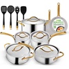 image:imageNutriChef Kitchenware Pots amp Pans Set  12 Piece Clad Kitchen Cookware Set wSteel Handles Fry Pan Interior Coated w Ceramic NonStick Coating Stylish Kitchen Cookware  NCSSX45Stainless Steel  Gold