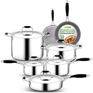 image:imageNutriChef 12Piece Stainless Steel Kitchenware  Pots amp Pans Set Clad Kitchen Cookware w Silicone Grip Handles Fry Pan Interior Coated w Prestige Ceramic NonStick Coating Stylish Kitchen CookwareStainless