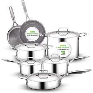 image:imageNutriChef 12Piece Stainless Steel Kitchenware  Pots amp Pans Set Clad Kitchen Cookware w Silicone Grip Handles Fry Pan Interior Coated w Prestige Ceramic NonStick Coating Stylish Kitchen CookwareSilver