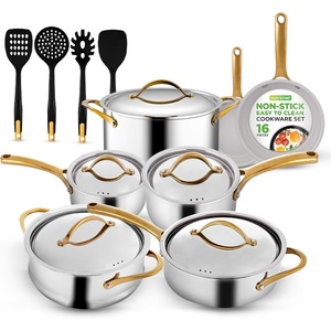 image:imageNutriChef Kitchenware Pots amp Pans Set  12 Piece Clad Kitchen Cookware Set wSteel Handles Fry Pan Interior Coated w Ceramic NonStick Coating Stylish Kitchen Cookware  NCSSX45Stainless Steel  Gold