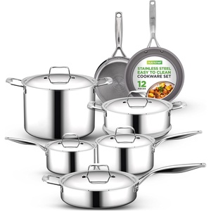 image:imageNutriChef Kitchenware Pots amp Pans Set  12 Piece Clad Kitchen Cookware Set wSteel Handles Fry Pan Interior Coated w Ceramic NonStick Coating Stylish Kitchen Cookware  NCSSX45Stainless steel