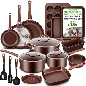 image:imageNutrichef 20 Piece Professional Home Kitchen Cookware and Bakeware Pots and Pans Set Non Stick Kitchenware CoolTouch Handles Non Toxic Safe for Gas Electric Induction Cooktops Easy CleanBrown