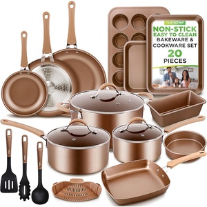 image:imageNutrichef 20 Piece Professional Home Kitchen Cookware and Bakeware Pots and Pans Set Non Stick Kitchenware CoolTouch Handles Non Toxic Safe for Gas Electric Induction Cooktops Easy CleanShiny Golden
