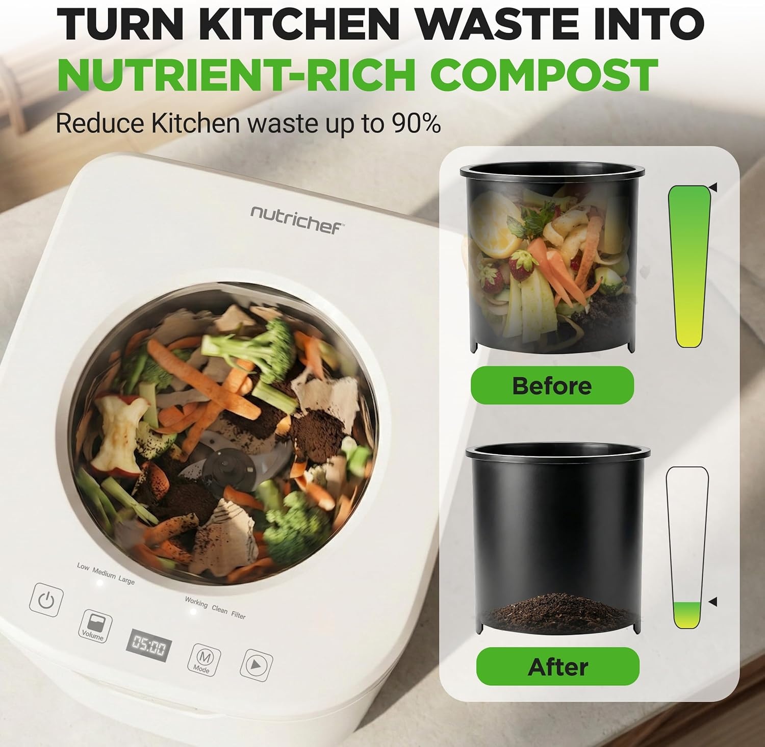 image:imageNutriChef 4 Quart Electric Kitchen Composter  Smart Countertop Composter Includes 2 Odorless Carbon Filters  Electric Compost Bin for Indoor Use  3 Volume Based Modes Small Medium amp Large  GrayWhite