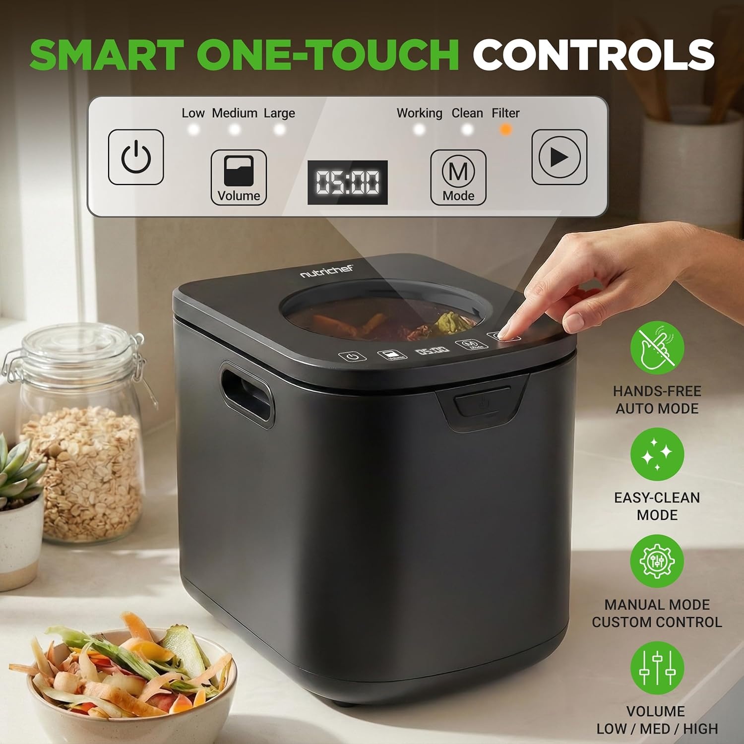 image:imageNutriChef 4 Quart Electric Kitchen Composter  Smart Countertop Composter Includes 2 Odorless Carbon Filters  Electric Compost Bin for Indoor Use  3 Volume Based Modes Small Medium amp Large  GrayBlack