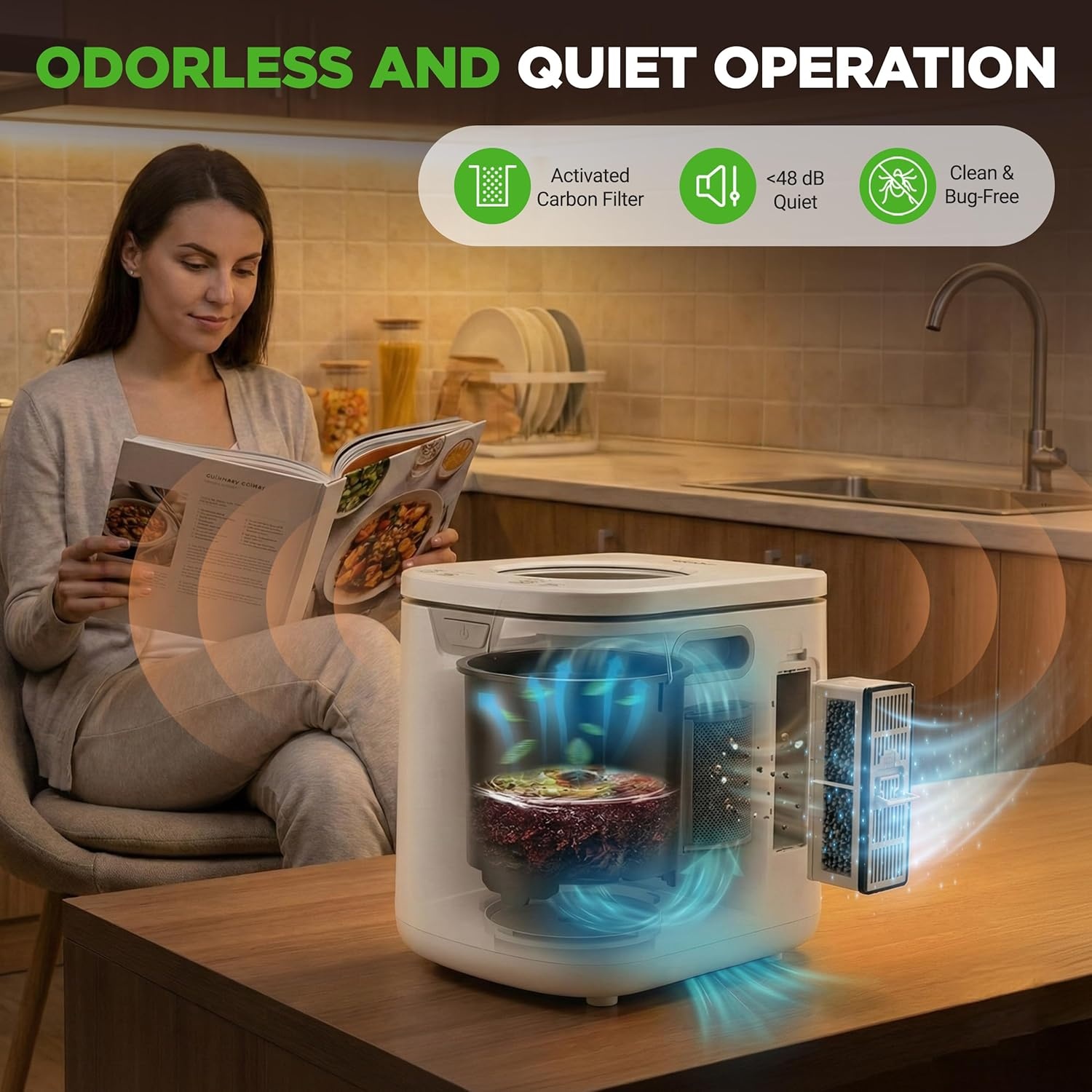 image:imageNutriChef 4 Quart Electric Kitchen Composter  Smart Countertop Composter Includes 2 Odorless Carbon Filters  Electric Compost Bin for Indoor Use  3 Volume Based Modes Small Medium amp Large  GrayWhite
