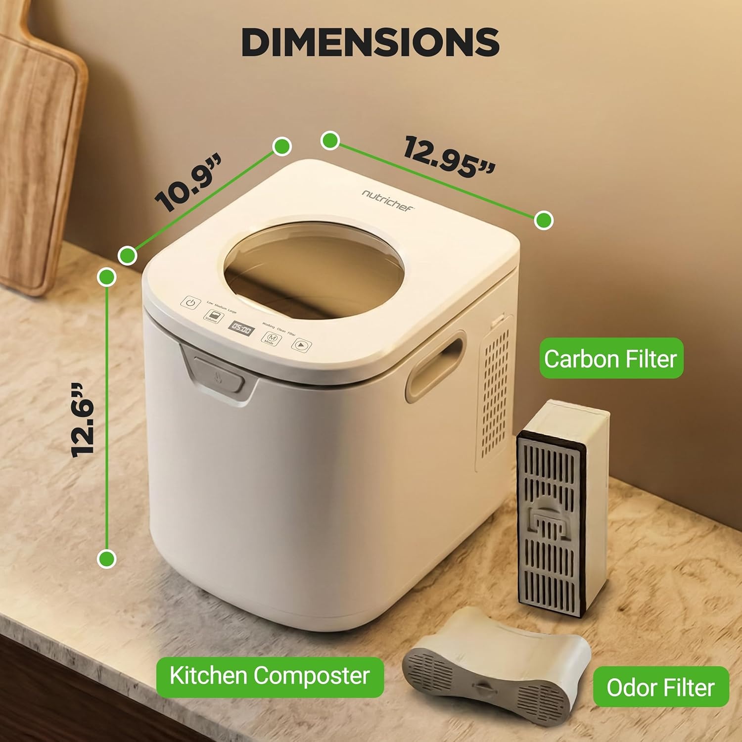image:imageNutriChef 4 Quart Electric Kitchen Composter  Smart Countertop Composter Includes 2 Odorless Carbon Filters  Electric Compost Bin for Indoor Use  3 Volume Based Modes Small Medium amp Large  GrayWhite