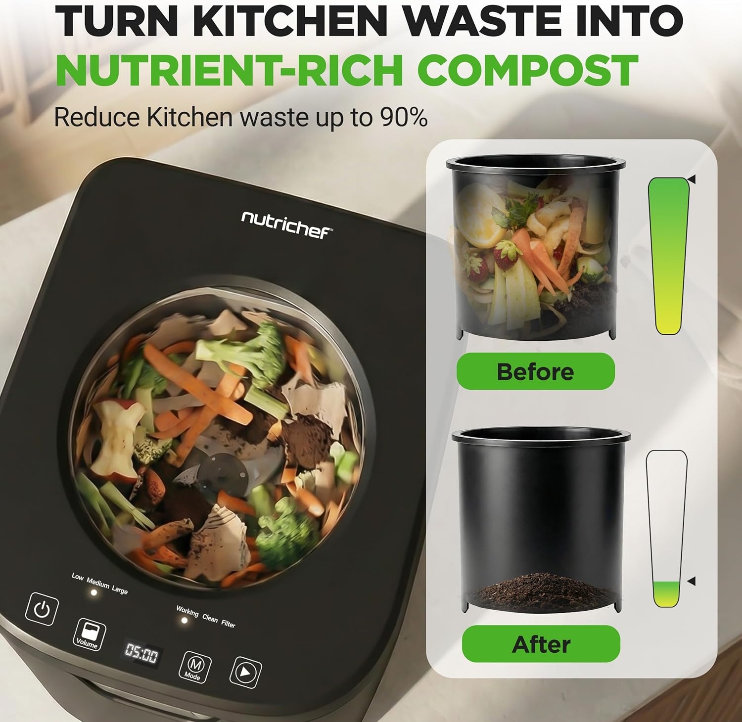 image:imageNutriChef 4 Quart Electric Kitchen Composter  Smart Countertop Composter Includes 2 Odorless Carbon Filters  Electric Compost Bin for Indoor Use  3 Volume Based Modes Small Medium amp Large  GrayBlack