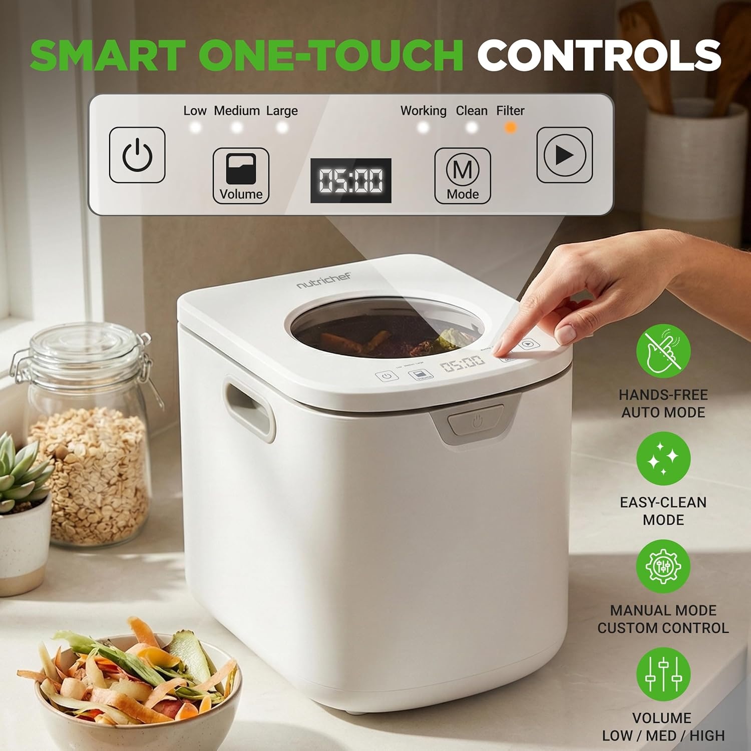 image:imageNutriChef 4 Quart Electric Kitchen Composter  Smart Countertop Composter Includes 2 Odorless Carbon Filters  Electric Compost Bin for Indoor Use  3 Volume Based Modes Small Medium amp Large  GrayWhite
