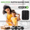 image:imageNutriChef Muffin Pans for Baking 2Pack  Nonstick 12 Mold Cupcake Tins  Carbon Steel Stackable Cup Cake Trays  Dishwasher amp Oven Safe  Includes 100 Parchment Paper Liners  13 x 10 x 1  Black