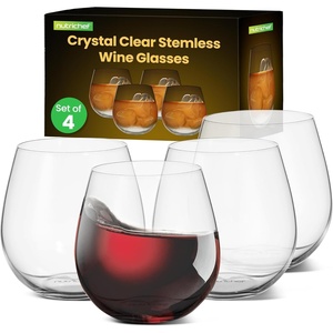 image:imageNutriChef 15oz Stemless Wine Glasses  Set of 4 Ultra Thin Elegant Red amp White Wine Clear Crystal Glass Drinkware LeadFree Hand Blown Seamless Bowl Dishwasher SafeSet of 4