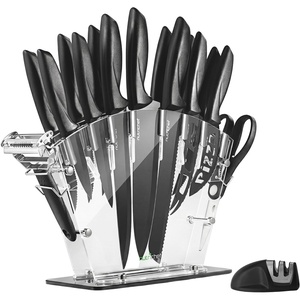 image:imageNutriChef 17Piece Kitchen Knife Block Set  Stainless Steel Precision Crafted Knives wAcrylic Block Stand  Includes 6 Steak amp 7 MultiUse Knives Sharpener Scissors amp Vegetable Peeler Black17 Piece Set