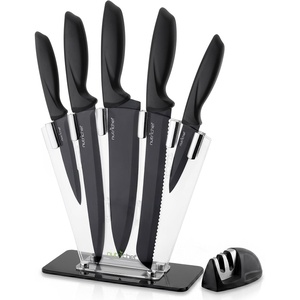 image:imageNutriChef 17Piece Kitchen Knife Block Set  Stainless Steel Precision Crafted Knives wAcrylic Block Stand  Includes 6 Steak amp 7 MultiUse Knives Sharpener Scissors amp Vegetable Peeler Black7 Piece Set