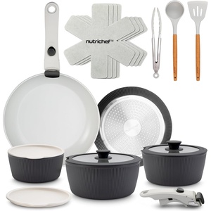 image:imageNutriChef 18Piece Ceramic Cookware Set with Detachable Handles SpaceSaving Nonstick Pots Pans amp Lids OvenSafe Bowls Stackable Storage Includes Cooking Utensils amp Accessories BlueGray