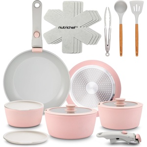 image:imageNutriChef 18Piece Ceramic Cookware Set with Detachable Handles SpaceSaving Nonstick Pots Pans amp Lids OvenSafe Bowls Stackable Storage Includes Cooking Utensils amp Accessories BluePink