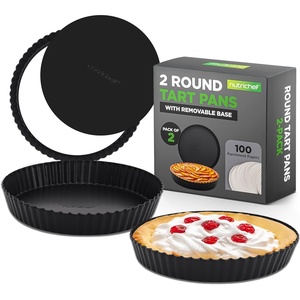 image:imageNutriChef 2 Round Tart Pans  9 Inch Carbon Steel Cheesecake Baking Trays with Removable Base  Nonstick amp Even Heat Distribution  Includes 100 Parchment Papers  Height of 1 Inch  Black