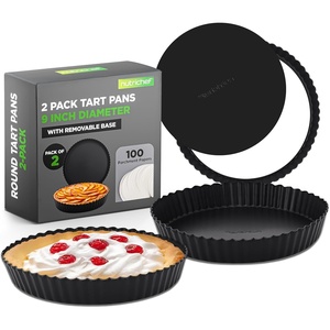 image:imageNutriChef 2 Round Tart Pans  9 Inch Carbon Steel Tart Baking Trays with Removable Base  Nonstick amp Even Heat Distribution  Includes 100 Parchment Papers  Height of 1 Inch  Black