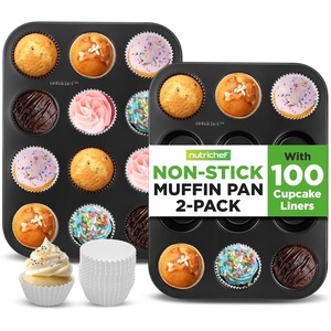 image:imageNutriChef Muffin Pans for Baking 2Pack  Nonstick 12 Mold Cupcake Tins  Carbon Steel Stackable Cup Cake Trays  Dishwasher amp Oven Safe  Includes 100 Parchment Paper Liners  13 x 10 x 1  Black
