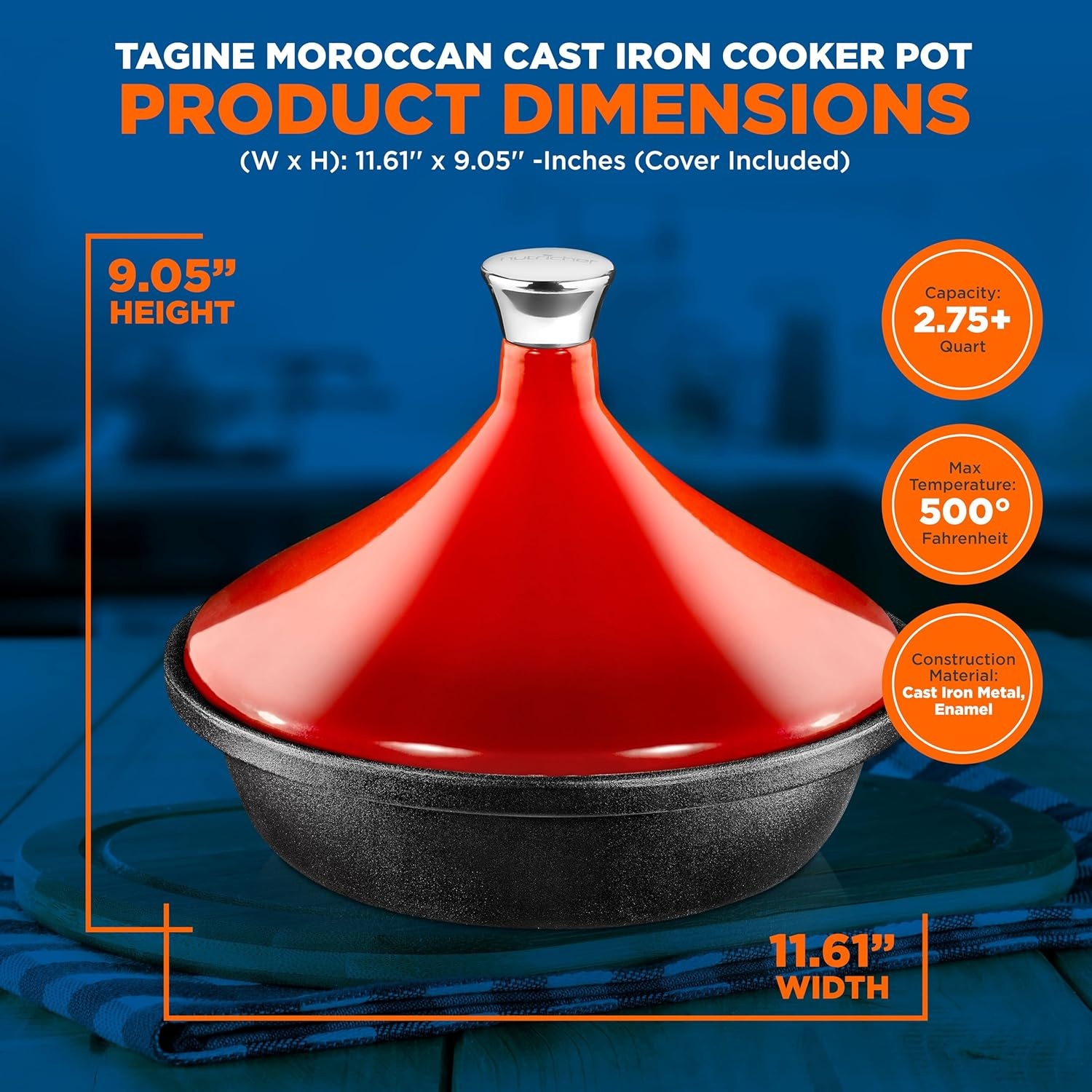 image:imageNutriChef Moroccan Tagine Pot for Cooking  Premium Cast Iron Cooking Pot with Stainless Steel Knob and Red ConeShaped Porcelain Enameled Lid  116 Width 275 QtRed