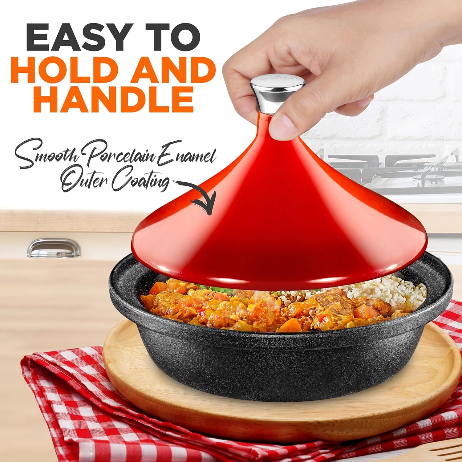 image:imageNutriChef Moroccan Tagine Pot for Cooking  Premium Cast Iron Cooking Pot with Stainless Steel Knob and Red ConeShaped Porcelain Enameled Lid  116 Width 275 QtRed