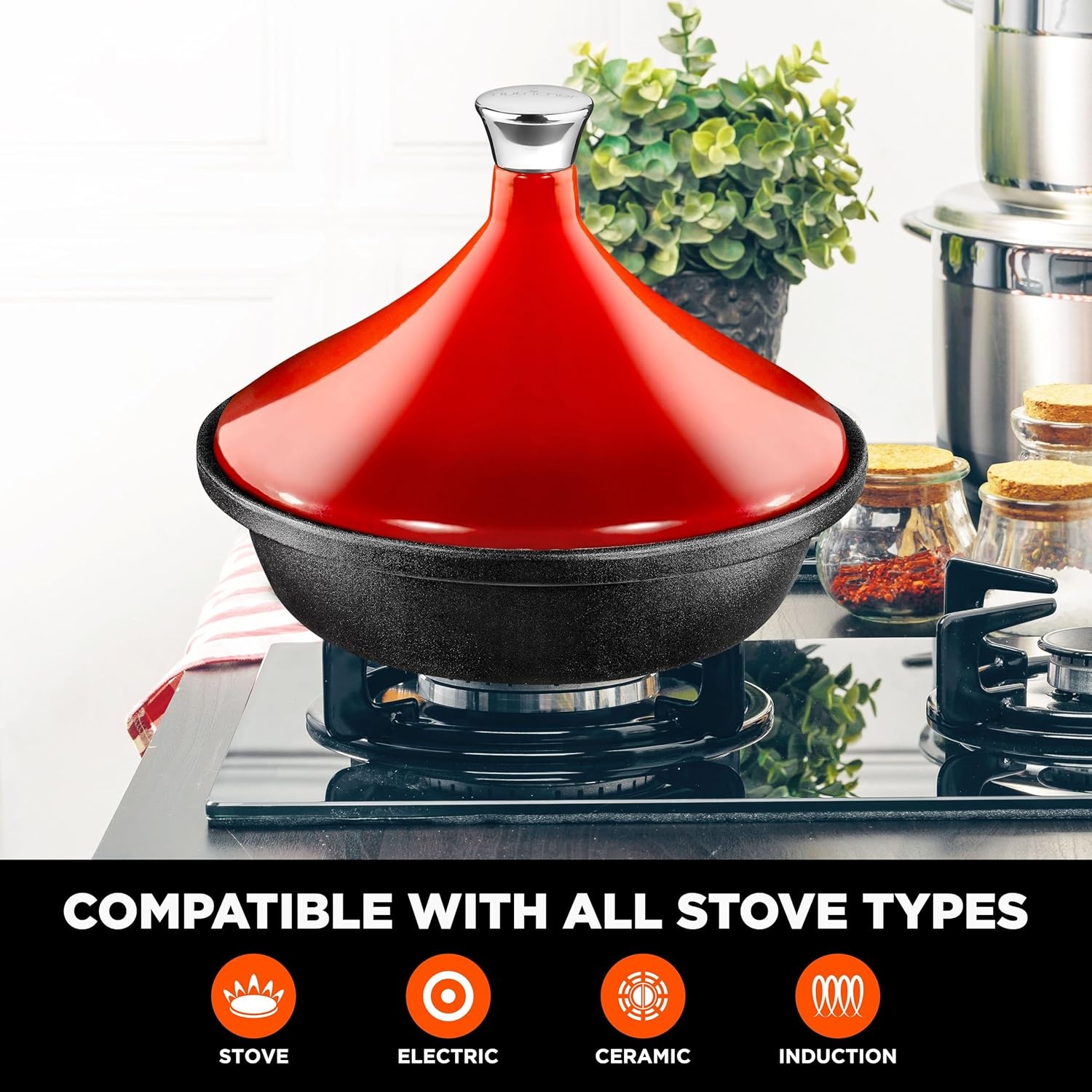 image:imageNutriChef Moroccan Tagine Pot for Cooking  Premium Cast Iron Cooking Pot with Stainless Steel Knob and Red ConeShaped Porcelain Enameled Lid  116 Width 275 QtRed