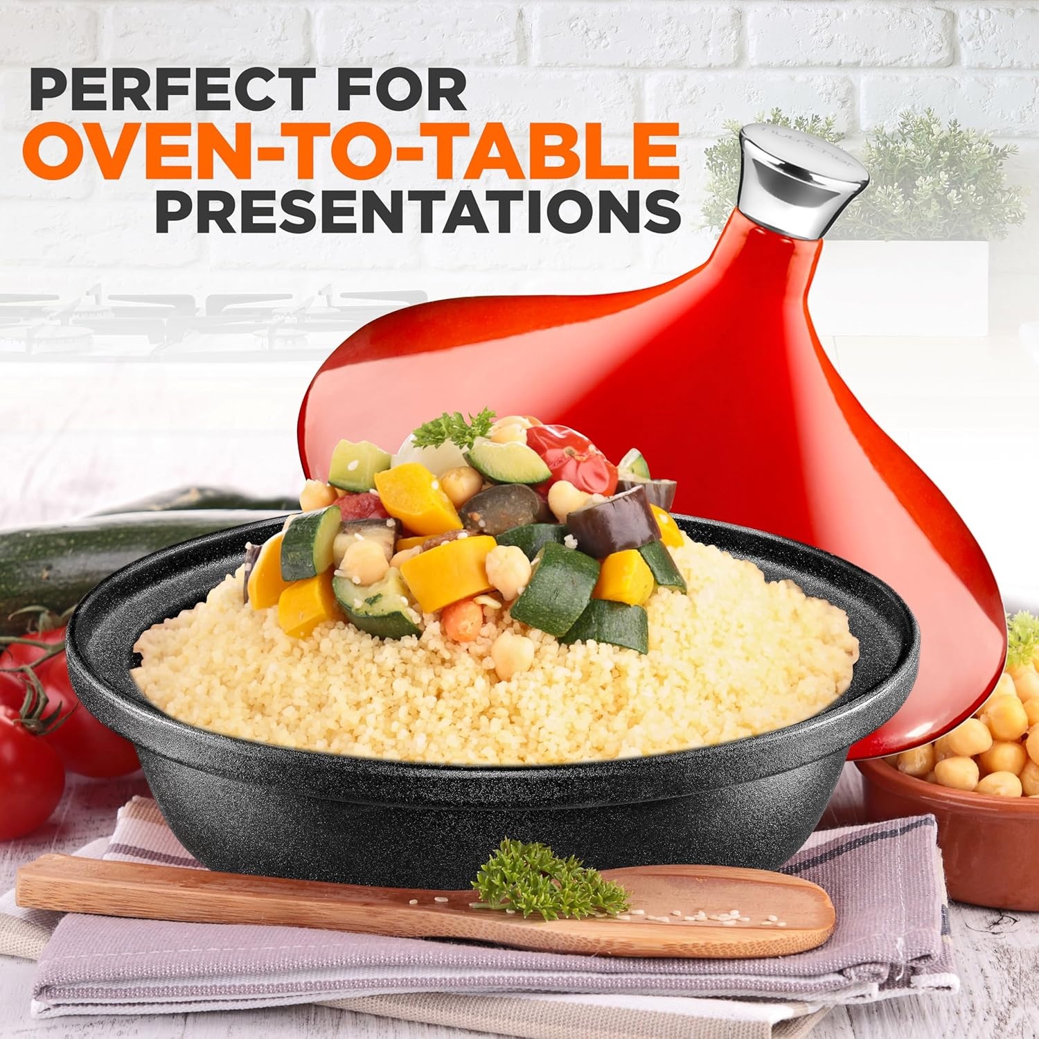 image:imageNutriChef Moroccan Tagine Pot for Cooking  Premium Cast Iron Cooking Pot with Stainless Steel Knob and Red ConeShaped Porcelain Enameled Lid  116 Width 275 QtRed