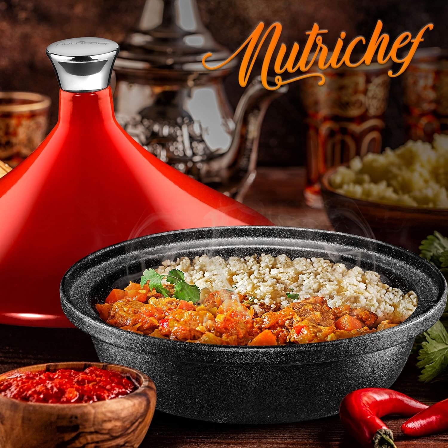 image:imageNutriChef Moroccan Tagine Pot for Cooking  Premium Cast Iron Cooking Pot with Stainless Steel Knob and Red ConeShaped Porcelain Enameled Lid  116 Width 275 QtRed