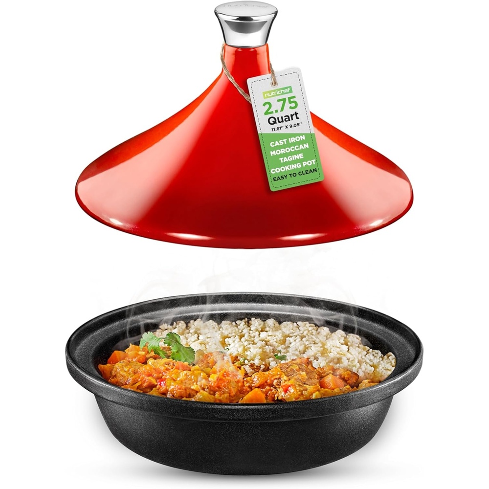 image:imageNutriChef Moroccan Tagine Pot for Cooking  Premium Cast Iron Cooking Pot with Stainless Steel Knob and Red ConeShaped Porcelain Enameled Lid  116 Width 275 QtRed