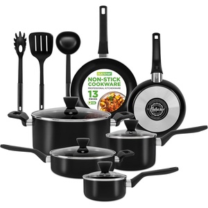 image:imageNutriChef 13Piece Nonstick Cookware  Heat Resistant Kitchen Ware Set wSaucepan Frying Pans Cooking Pots Casserole Lids Ladle Fork Strainer  NCCWA13 BlackBlack