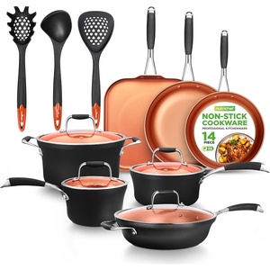 image:imageNutriChef 14Piece NonStick Pots and Pans Set  Induction Ready MultiSized Cooking Pots with Lids Small and Medium Frying Pans with Slotted Spatula Pasta Server Soup Ladle Silicone Handles