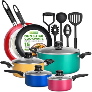 image:imageNutriChef 15Piece Non Stick Kitchen Cookware Set PFOAPFOSFree Colorful Heat Resistant Lacquer wSaucepot Frying Pans Oven Pot Lids 5 Utensil  NCCWCOR15NCCWCOR15  assorted