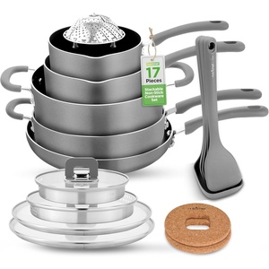 image:imageNutriChef 17Piece NonStick Pans amp Pots Set  SpaceSaving InductionCompatible Foldable Knob Black Cookware with HeatResistant Utensils for Kitchen amp RVGray