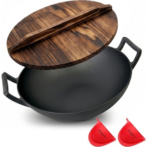 image:imageNutriChef Cast Iron Wok with Wooden Lid  PreSeasoned Chinese Wok for StirFry Compatible with Multiple Cooktops Including Induction Large 58 Qt Capacity 14 Diameter
