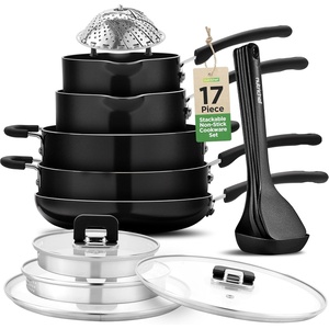 image:imageNutriChef Space Saver 17Piece Nonstick Cookware Set  Brown Pots and Pans with Stackable Design Foldable Handles Induction ReadyBlack