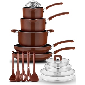 image:imageNutriChef Space Saver 17Piece Nonstick Cookware Set  Brown Pots and Pans with Stackable Design Foldable Handles Induction ReadyBrown