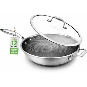 image:imageNutriChef 12 Stainless Steel Wok  Induction ready Non Stick Triply technology Scratchresistant Honeycomb Fire Textured PatternSilver