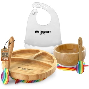 image:imageNutriChef Baby and Toddler 3 compartment plate bowl and spoon feeding set silicone suction Nontoxic all natural Bamboo baby food plate with silicone bib Rainbow Small