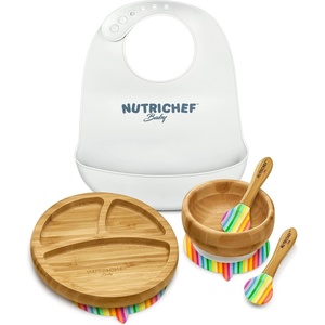 image:imageNutrichef Baby and Toddler 3 compartment plate bowl and spoon feeding set silicon suction Nontoxic all natural Bamboo baby food plate with silicon bibRainbow Set 1