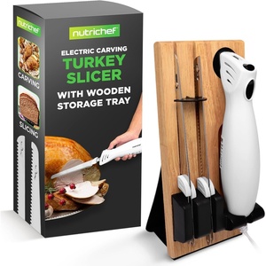 image:imageNutriChef Electric Carving Turkey Slicer Kitchen Knife  For Thanksgiving  Portable Electrical Food Cutter Knife Set with Carve Blades amp Wood Stand  Cuts Meat Bread Cheese amp Fruit  White