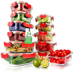image:imageNutriChef 24pcs Glass Food Storage Containers 12 Stackable Heavy Duty Meal Prep Containers w 12 Airtight Lids Microwave Freezer amp Dishwasher Safe for Food Snacks Fruit amp More GrayRed