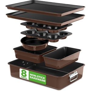 image:imageNutriChef 8Piece Nonstick Stackable Bakeware Set  PFOA PFOS PTFE Free Baking Pans Set wNonStick Coating 450F Oven Safe Round Cake Loaf Muffin WideSquare Pans Cookie Sheet GrayBrown